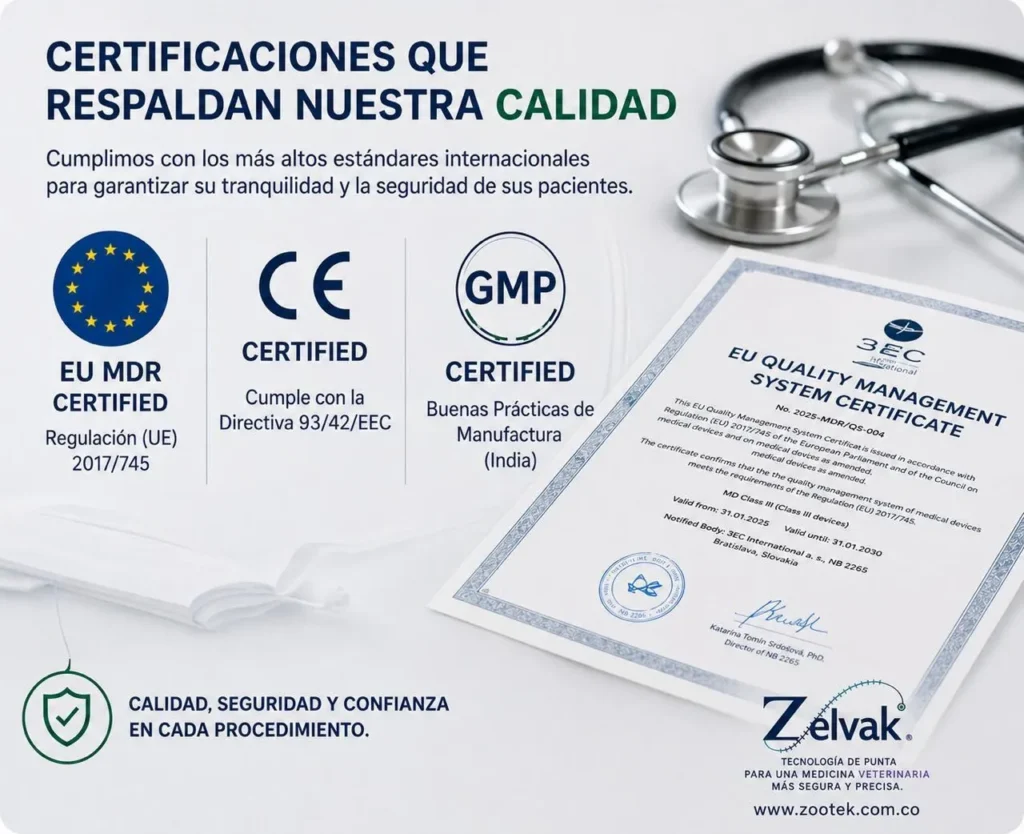 Certificaciones EU MDR, CE y GMP de las suturas veterinarias Zelvak